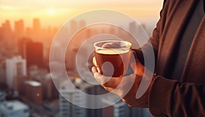 Man Holding a Cup of Hot Coffee with Blurred Cityscape in Background. Generative ai