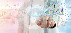 Man holding a 3d rendering data coded Dna with binary file around