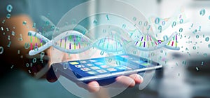Man holding a 3d rendering data coded Dna with binary file around