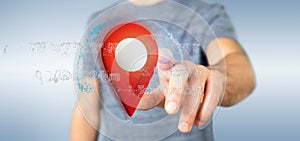 Man holding a 3d rendering pin holder on a globe with coordinate