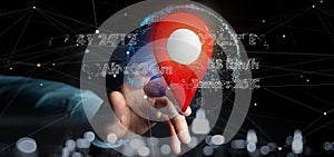 Man holding a 3d rendering pin holder on a globe with coordinates