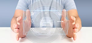Man holding a Dashboard smartcar interface dashboard 3d rendering