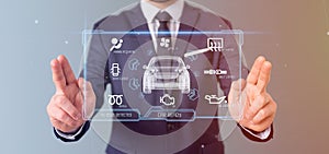Man holding a Dashboard smartcar interface dashboard 3d rendering