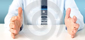 Man holding a Dashboard smartcar interface dashboard 3d rendering