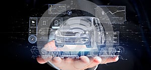 Man holding a Dashboard smartcar interface dashboard 3d rendering