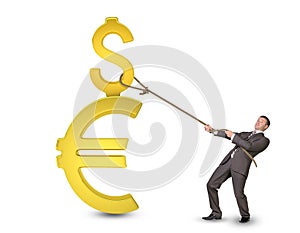 Man holding dollar and euro sign with rope