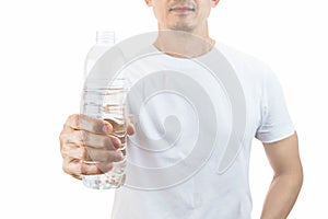 Man holding drinking water bottle isolated on white background