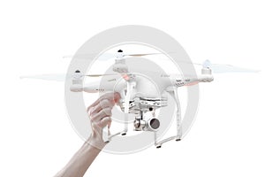 Man holding the drone preparing for takeoff isolated on white background with clipping path