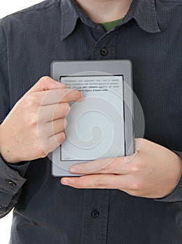 Man holding E-book reader in hands