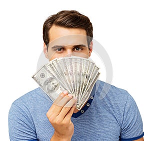 Man Holding Fanned Out Dollars In Front Of Face