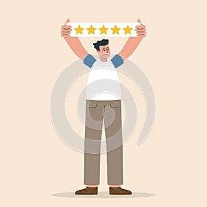 Man holding five golden stars. User experience, customer feedback stars rating, 5 star rating. Client satisfaction, good service