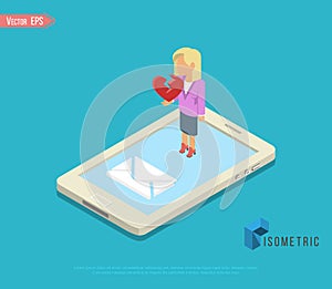 Man holding flowers behind his back and standing in front of woman. Valentines day, online dating isometric illustration