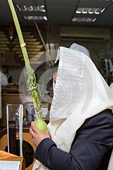 Man holding the four species in the synagogue. Sukkot