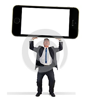 Man holding giant cell smart phone w blank screen