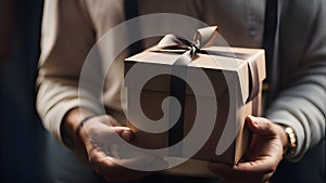 A man holding a gift box wearing shirts. Wedding anniversary, Birthday, Corporate event, gift concept