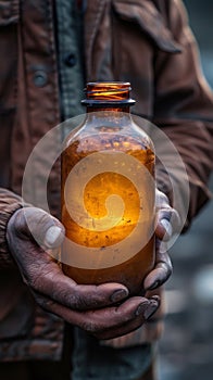 A man holding a glass jar with an orange glow, AI