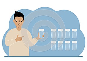 The man is holding a glass of water. Water balance infographic. 8 glasses of water every day. Healthy lifestyle.