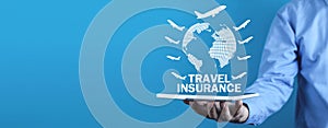 Man holding globe with airplanes. Travel insurance