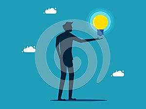 man holding a glowing light bulb. knowledge and creativity. business concept vector