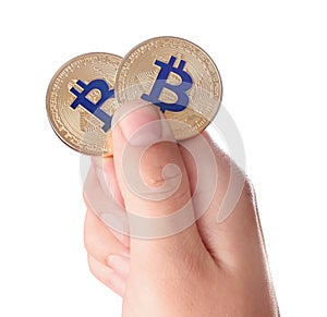 Man holding golden bitcoins on white background