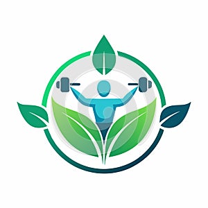 A man holding a green leaf and a barbell in his hands, symbolizing a connection between nature and fitness, Design a logo that