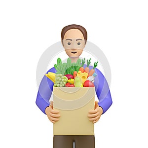 Man is holding a grocery bag. Food delivery, delivery man.
