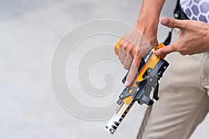 Man holding gun ready to shoot for protect and security