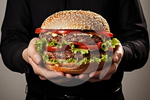 A Man Holding A Hamburger In His Hands