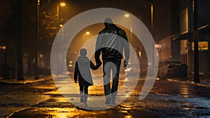 A man holding the hand of a child walking along a night street, cinematic light. Father-child relationship