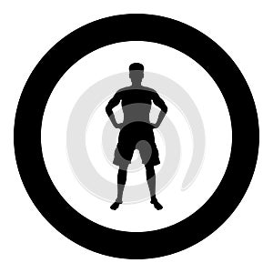 Man holding hands on belt confidence concept silhouette serious master of the situation front view icon black color illustration
