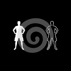 Man holding hands on belt confidence concept silhouette serious master of the situation front view icon set white color