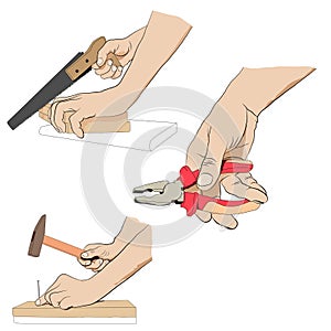 Man holding handsaw. Man holding pliers. Man hammering nail into board.