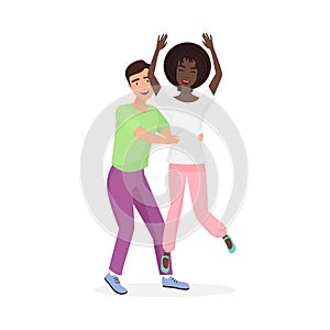 Man holding happy woman by waist while jumping, energetic couple dancing