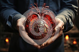A man holding a heart in his hands. Cardiological health concept photo