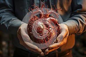 A man holding a heart in his hands. Cardiological health concept. photo