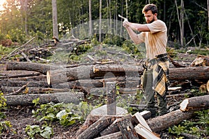 Man holding heavy ax. Axe in lumberjack hands chopping or cutting wood trunks