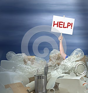 Man holding Help! sign in giant pile of recyclable containers products representing environmental challenges