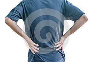 Man holding his back in pain, monochrome photo