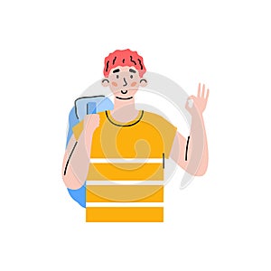 Man holding his fingers in OK gesture cartoon vector illustration isolated.