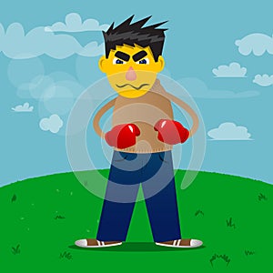 Man holding his fists in front of him ready to fight wearing boxing gloves.