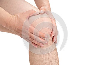 a man holding his knee against a white background