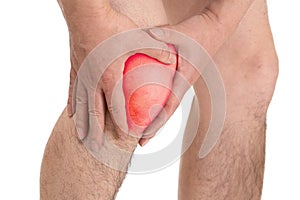 a man holding his knee against a white background
