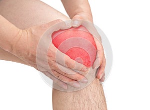 a man holding his knee against a white background