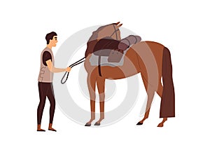 Man holding horse with harness straps. Rider standing near stallion with saddle. Person in vest and racehorse, domestic