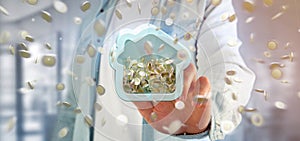Man holding a House moneybox with coin surrounding all over 3d r