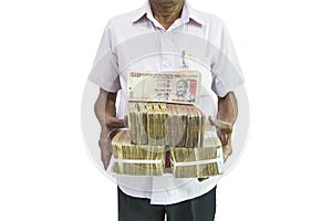 Man holding Indian currency notes on white background