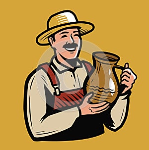 Man holding a jug. Drink emblem vector illustration