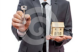 Man holding key and wooden house model close up