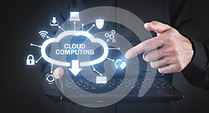 Man holding laptop computer. Cloud Computing