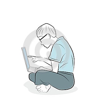 Man is holding a laptop on his lap. not correct posture when working. vector illustration.